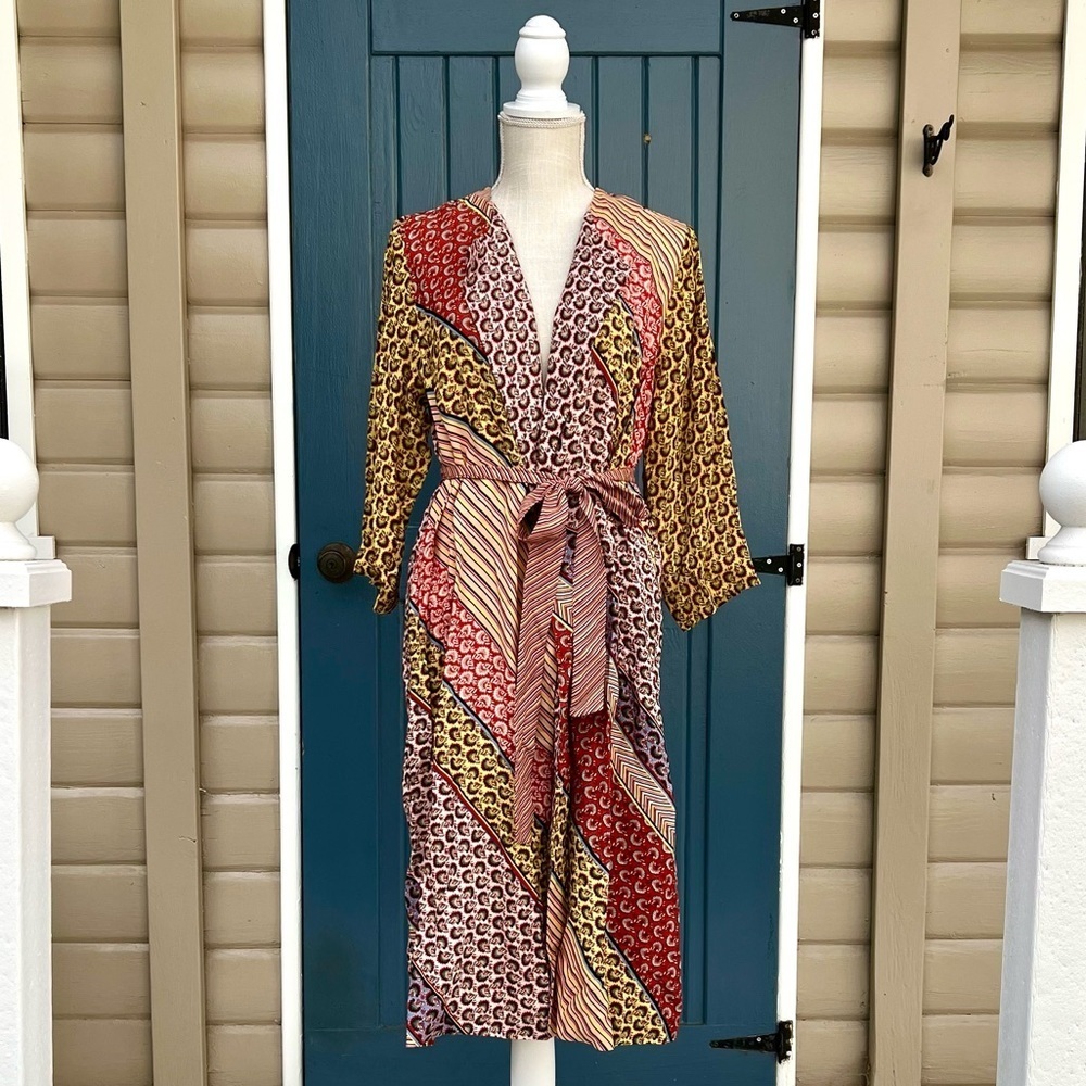 Cabi Multicolor Longline Kimono w/Tie and pockets Patchwork Boho Women’s Size S